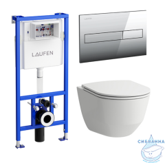 Инсталляция Laufen с кнопкой смыва в комплекте с безободковым унитазом Laufen Pro Rimless 8.6996.6.000.000.R c сиденьем Soft close (микролифт)