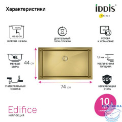 Мойка, нерж. сталь, универсального монтажа, матовое золото, 740*440,  Edifice, IDDIS, EDI74B0i77