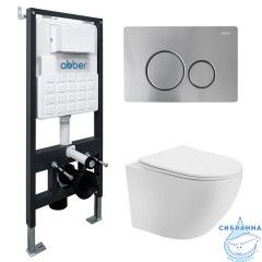 Комплект подвесной унитаз ABBER Bequem AC1100 белый с инсталляцией AC0105 и кнопкой AC0121MCH матовый хром