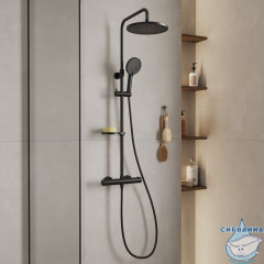 Смеситель термостатический для душа со стойкой и тропической лейкой, черный матовый, Ideal Spa, Milardo, ILSBLTHM89