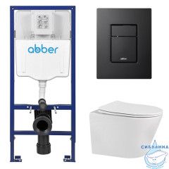 Комплект подвесной унитаз ABBER Bequem AC1102 белый с инсталляцией AC0108 и кнопкой AC0123MB черная матовая