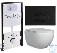 Инсталляция TONI ARTI TA-01 с кнопкой смыва TA-0054 в комплекте с безободковым унитазом Baglio c сиденьем Soft close (микролифт)