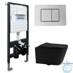 Комплект подвесной унитаз ABBER Rechteck AC1201MB черный матовый с инсталляцией AC0105 и кнопкой AC0120 хром
