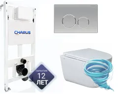 Инсталляция для унитаза Charus CC.300.80.01 с кнопкой смыва Charus Spazio FP.330.46.01 хром матовый,  с унитазом LYon 2.0 (с сиденьем Soft Close (микролифт)
