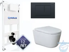 Инсталляция для унитаза Charus CC.300.80.01 с кнопкой смыва Charus Minimalista FP.310.DW.01 черный матовый,  с унитазом LYon 2.0 (с сиденьем Soft Close (микролифт)