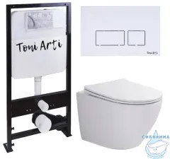 Инсталляция TONI ARTI TA-01 с кнопкой смыва TA-0042 в комплекте с безободковым унитазом Russi c сиденьем Soft close (микролифт)
