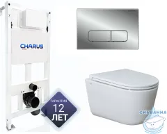 Инсталляция для унитаза Charus CC.300.80.01 с кнопкой смыва Charus Elegia FP.320.21.01 хром глянцевый,  с унитазом LYon 2.0 (с сиденьем Soft Close (микролифт)