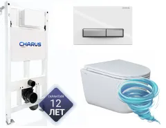 Инсталляция для унитаза Charus CC.300.80.01 с кнопкой смыва Charus Raiden FP.321.WBN.01 белый/хром,  с унитазом LYon 2.0 (с сиденьем Soft Close (микролифт)